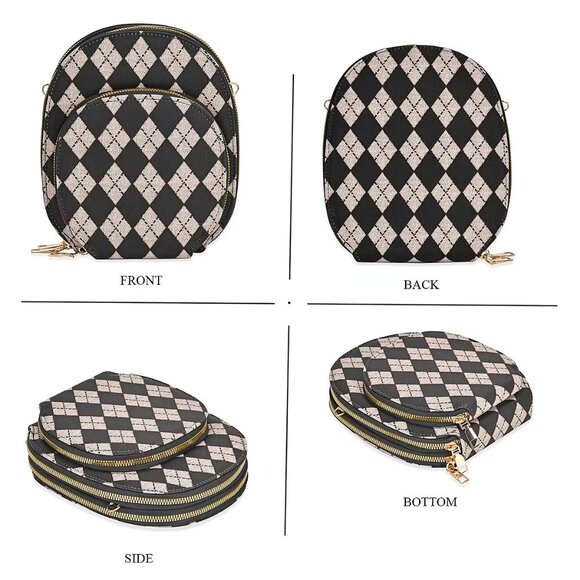 Khaki and Black Rhombus Crossbody Bag with Long Strap - Picture 2 of 4